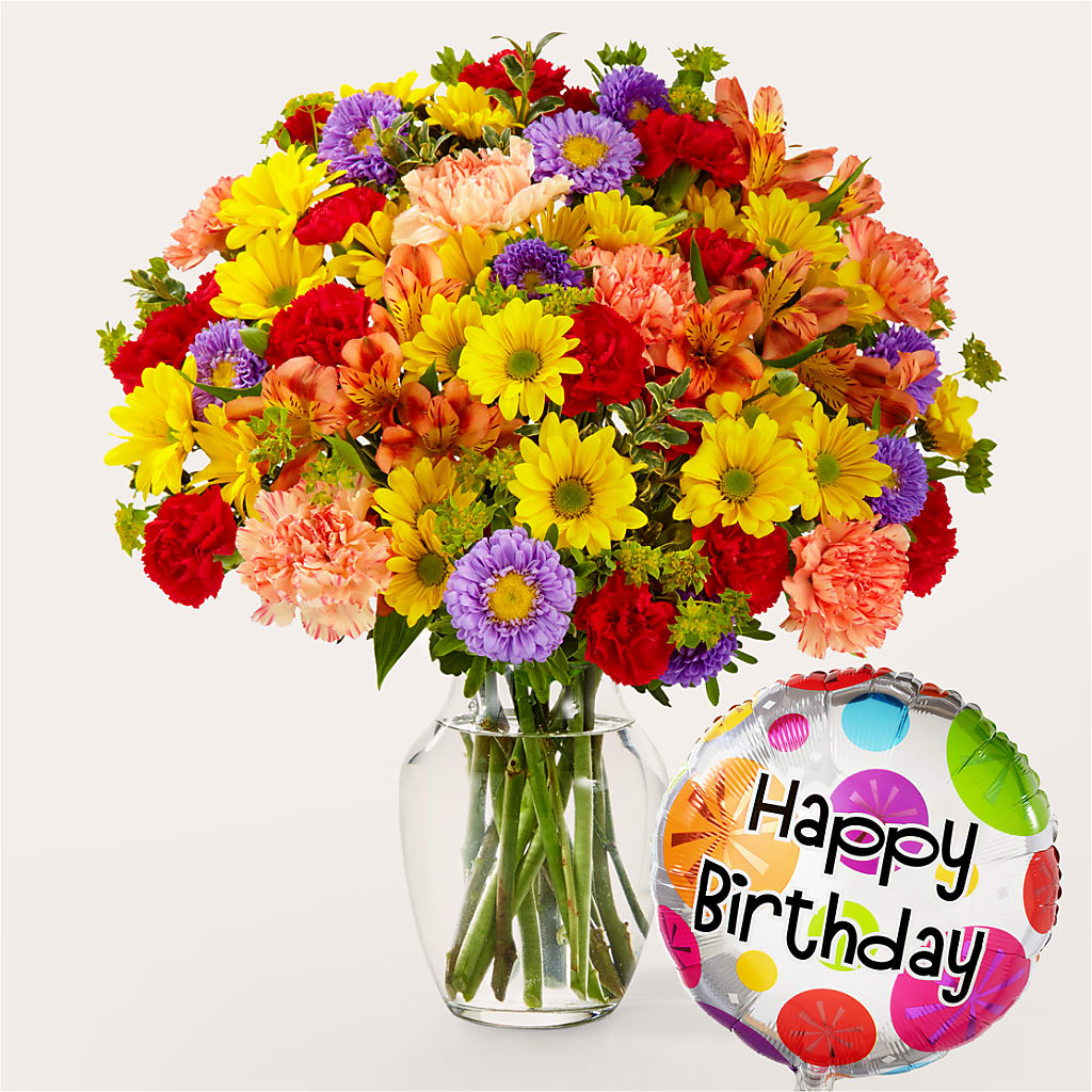 Kaleidoscope Bouquet with Birthday Balloon – Flowers By Karen Inc, Ocean Springs MS