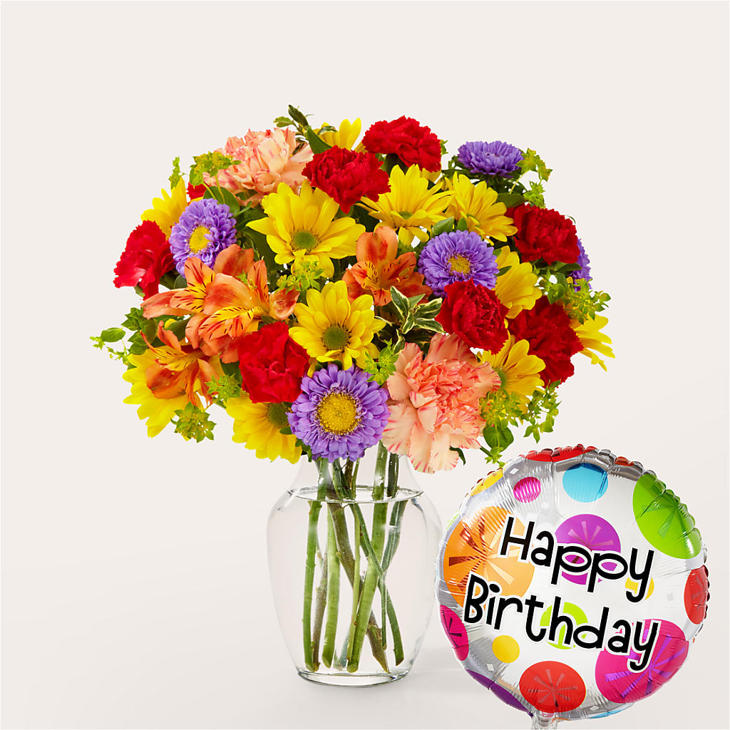 Kaleidoscope Bouquet with Birthday Balloon – Flowers By Karen Inc, Ocean Springs MS