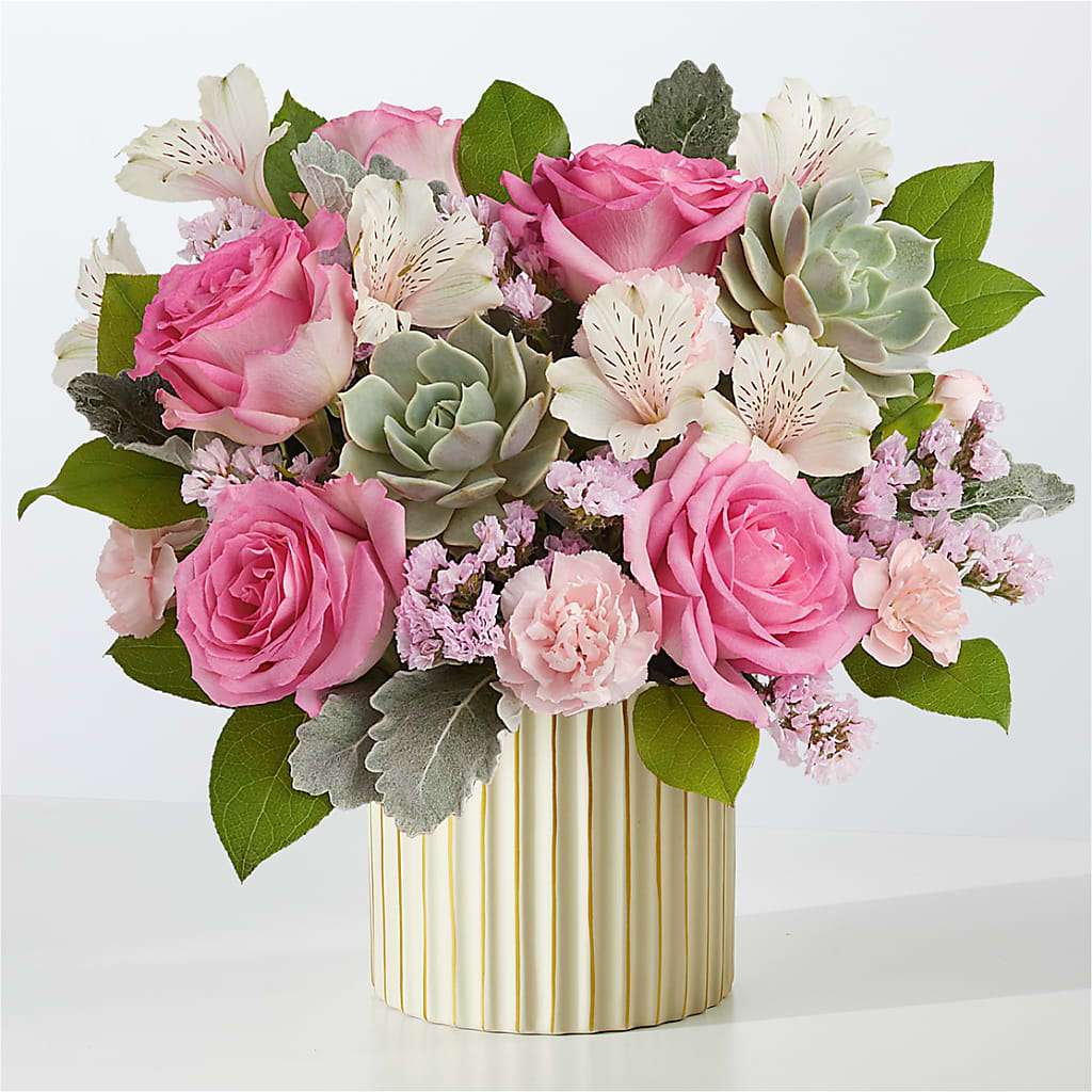 Dusty Rose Bouquet with Ivory Vase – Flowers By Karen Inc, Ocean Springs MS
