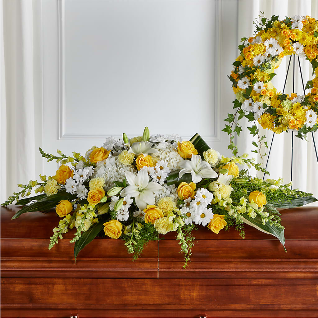 Golden Harmony Casket Spray – Flowers By Karen Inc, Ocean Springs MS