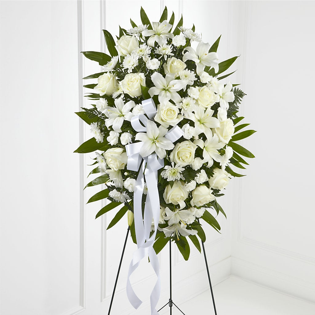 Exquisite Tribute Standing Spray-White Ribbon – Flowers By Karen Inc, Ocean Springs MS